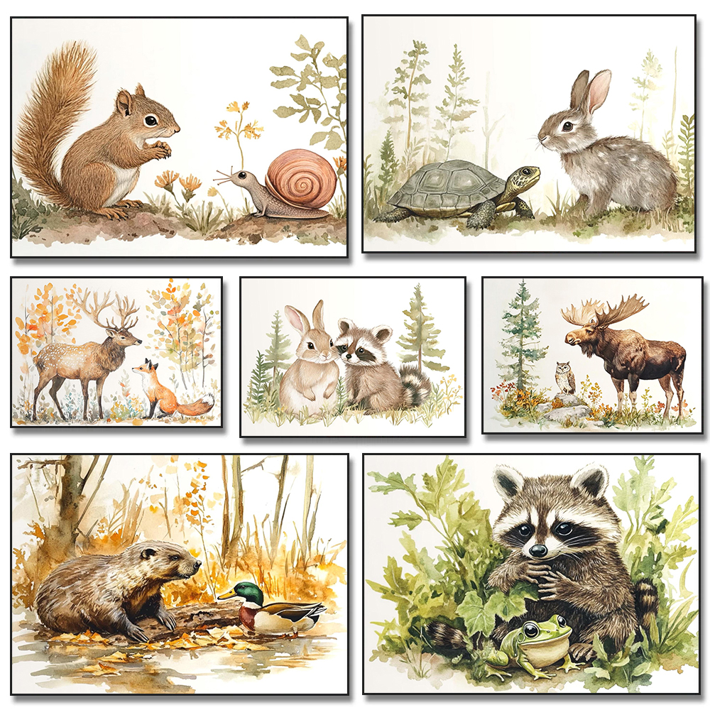 Forest Animal Rabbit Turtle Sq - مراجعة Watercolor Poster Print وسعره