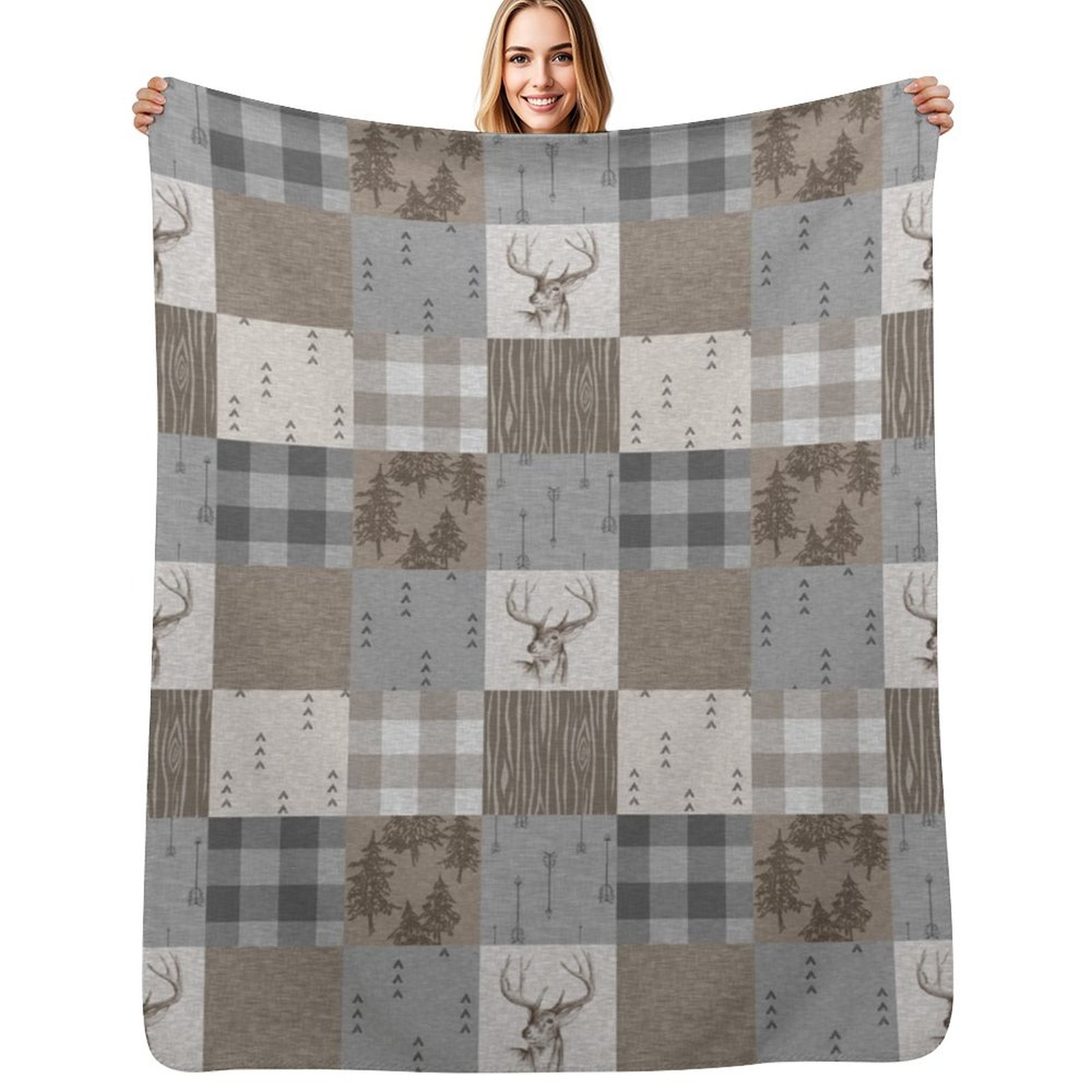 Neutral Throw Blanket - Deer Patchwork - Rustic Neutrals Throw