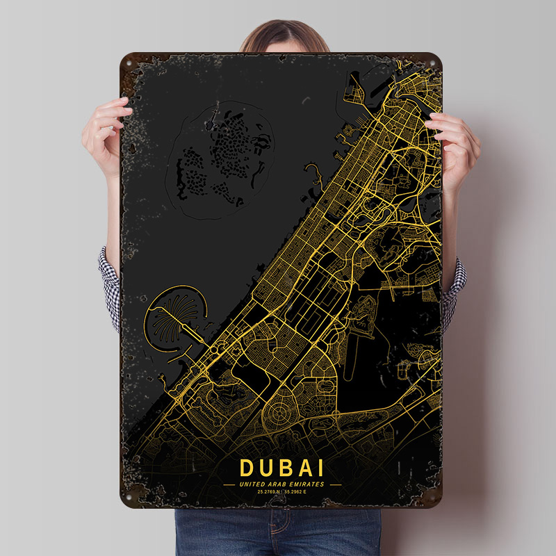 Golden Dubai City Map Metal Po - مراجعة Home Decor Dubai وسعره