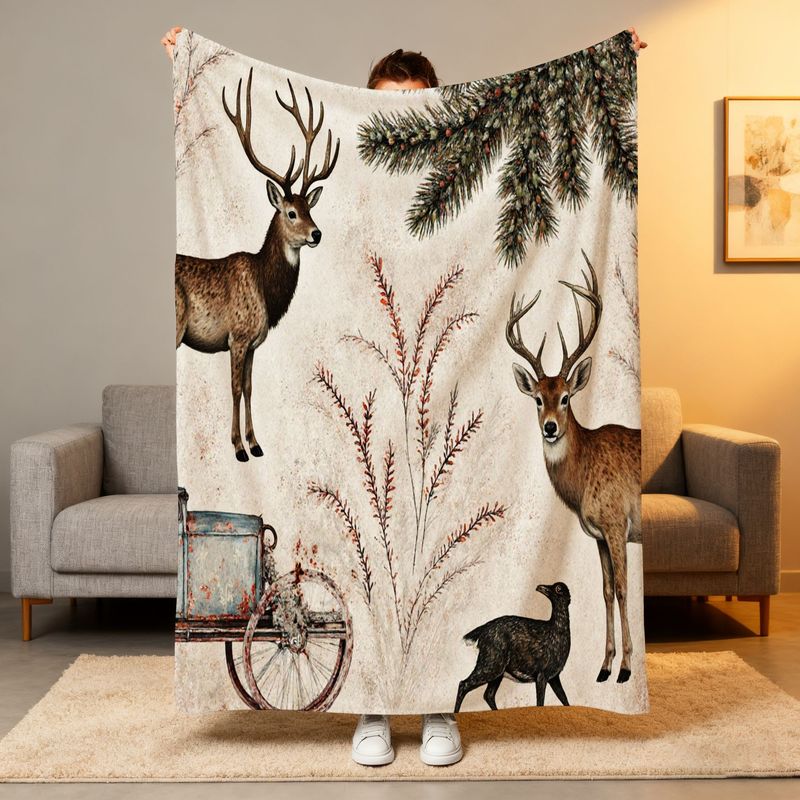Rustic Winter Deer & Blue Cart - مراجعة Neutral Throw Blanket وسعره