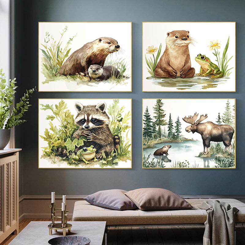 Forest Animal Rabbit Turtle Sq - مراجعة Watercolor Poster Print وسعره