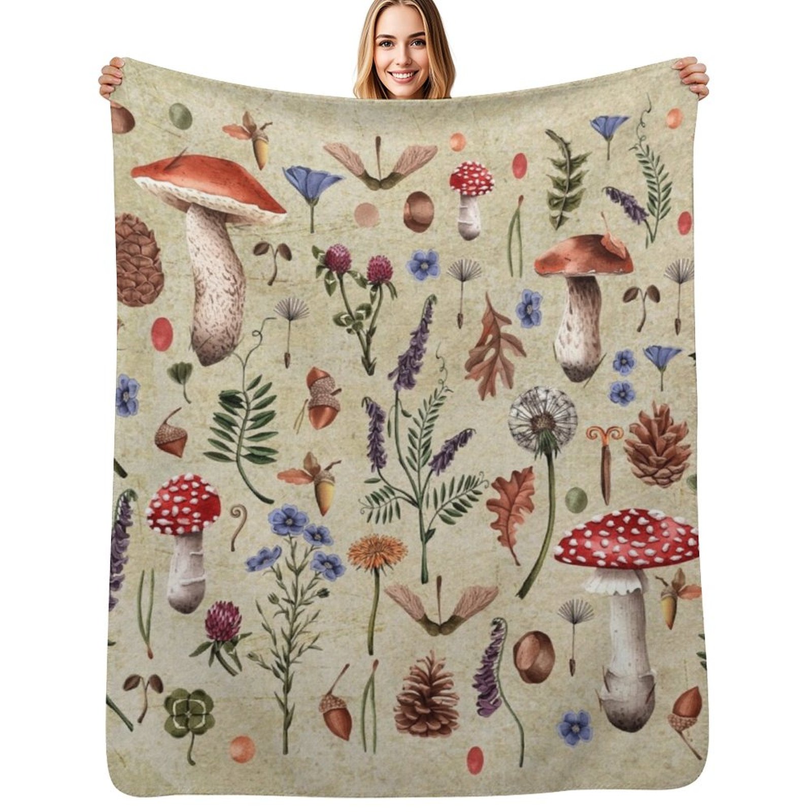 Retro botanical mushrooms, wil - مراجعة Neutral Throw Blanket وسعره