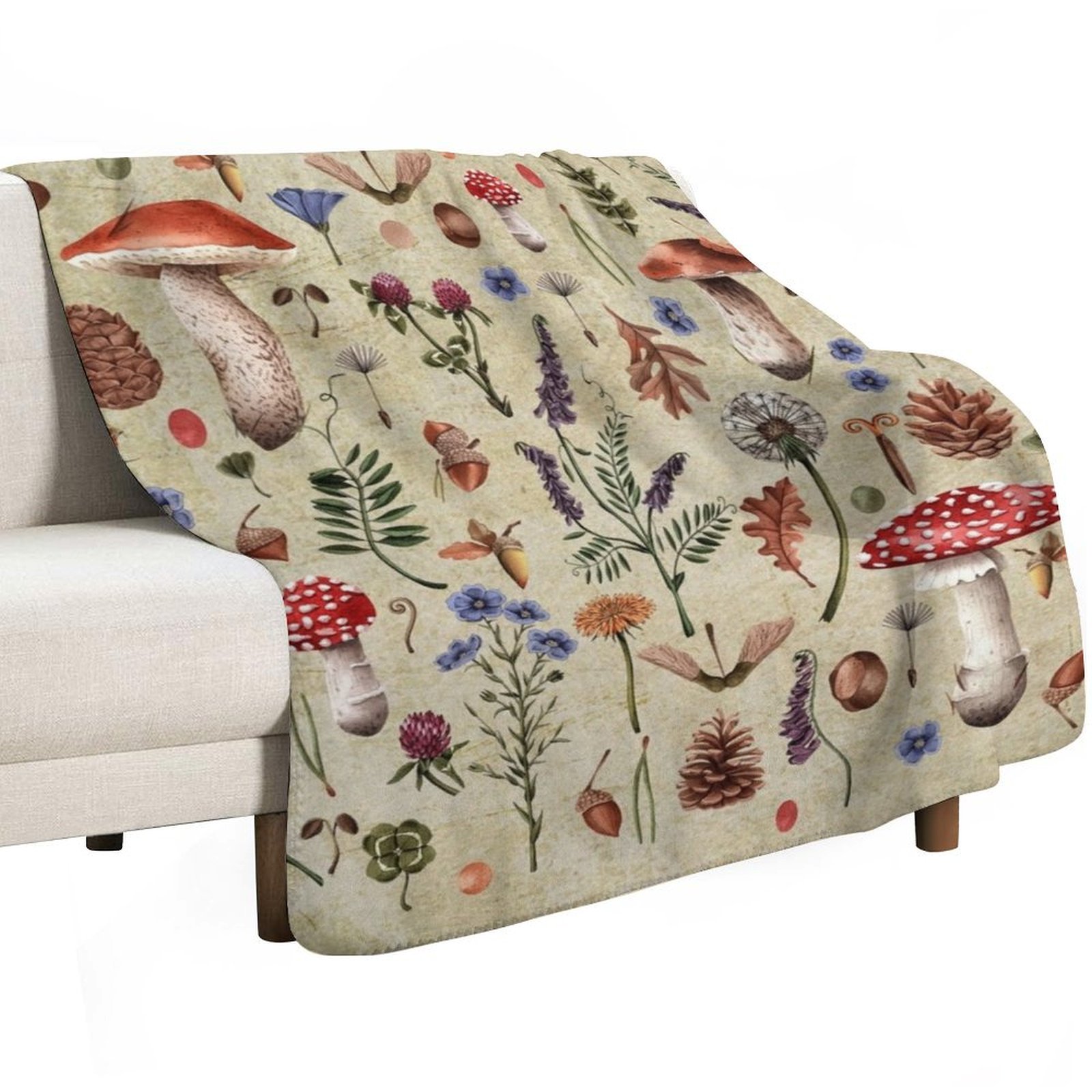 Retro botanical mushrooms, wil - مراجعة Neutral Throw Blanket وسعره