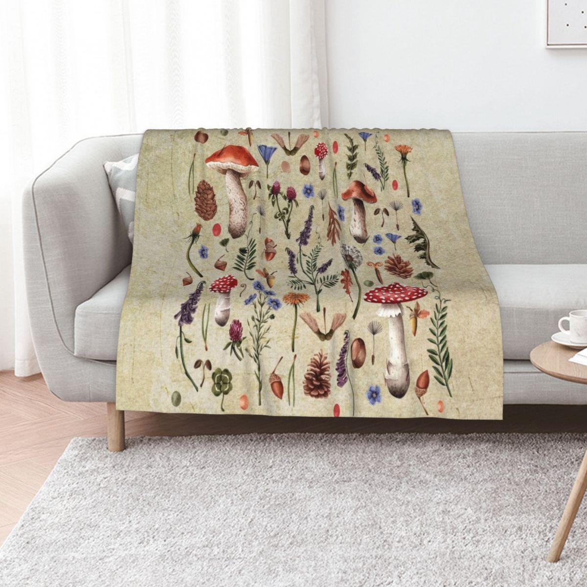 Retro botanical mushrooms, wil - مراجعة Neutral Throw Blanket وسعره