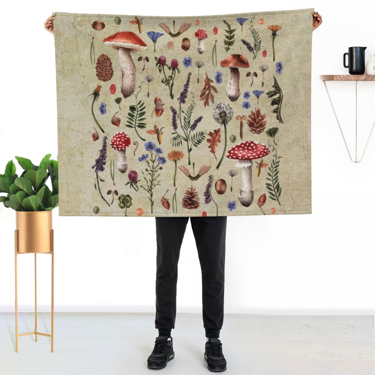 Retro botanical mushrooms, wil - مراجعة Neutral Throw Blanket وسعره
