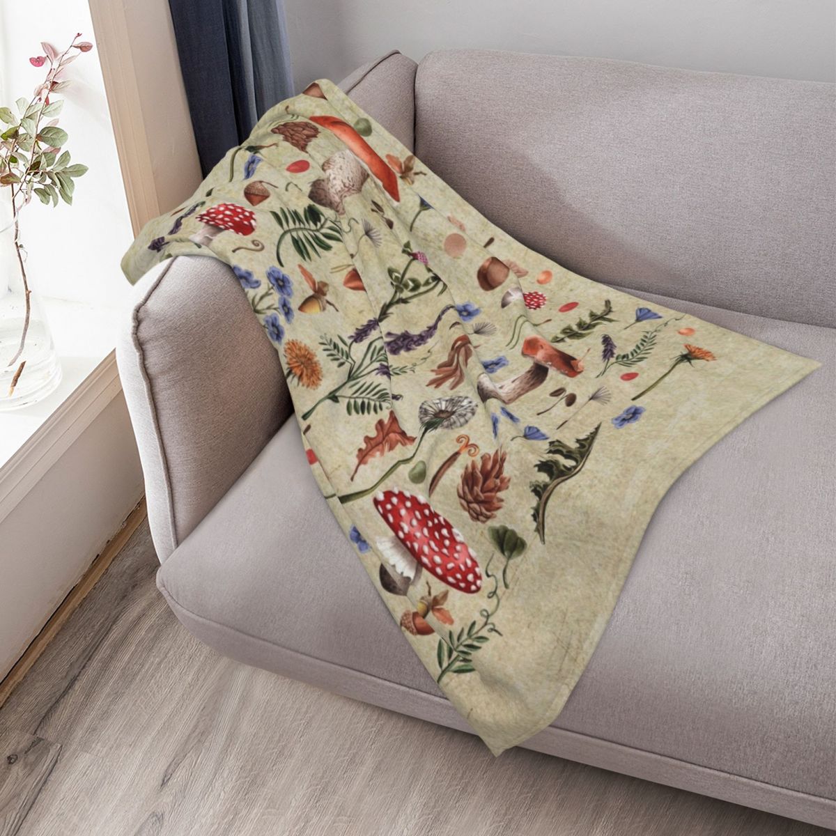 Retro botanical mushrooms, wil - مراجعة Neutral Throw Blanket وسعره