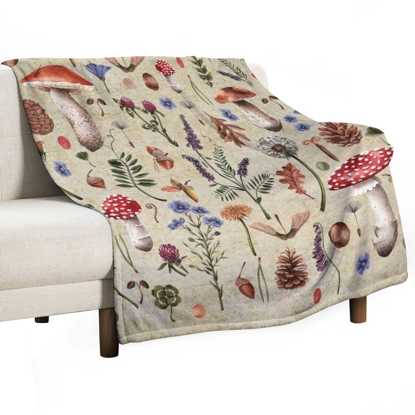 Retro botanical mushrooms, wil - مراجعة Neutral Throw Blanket وسعره