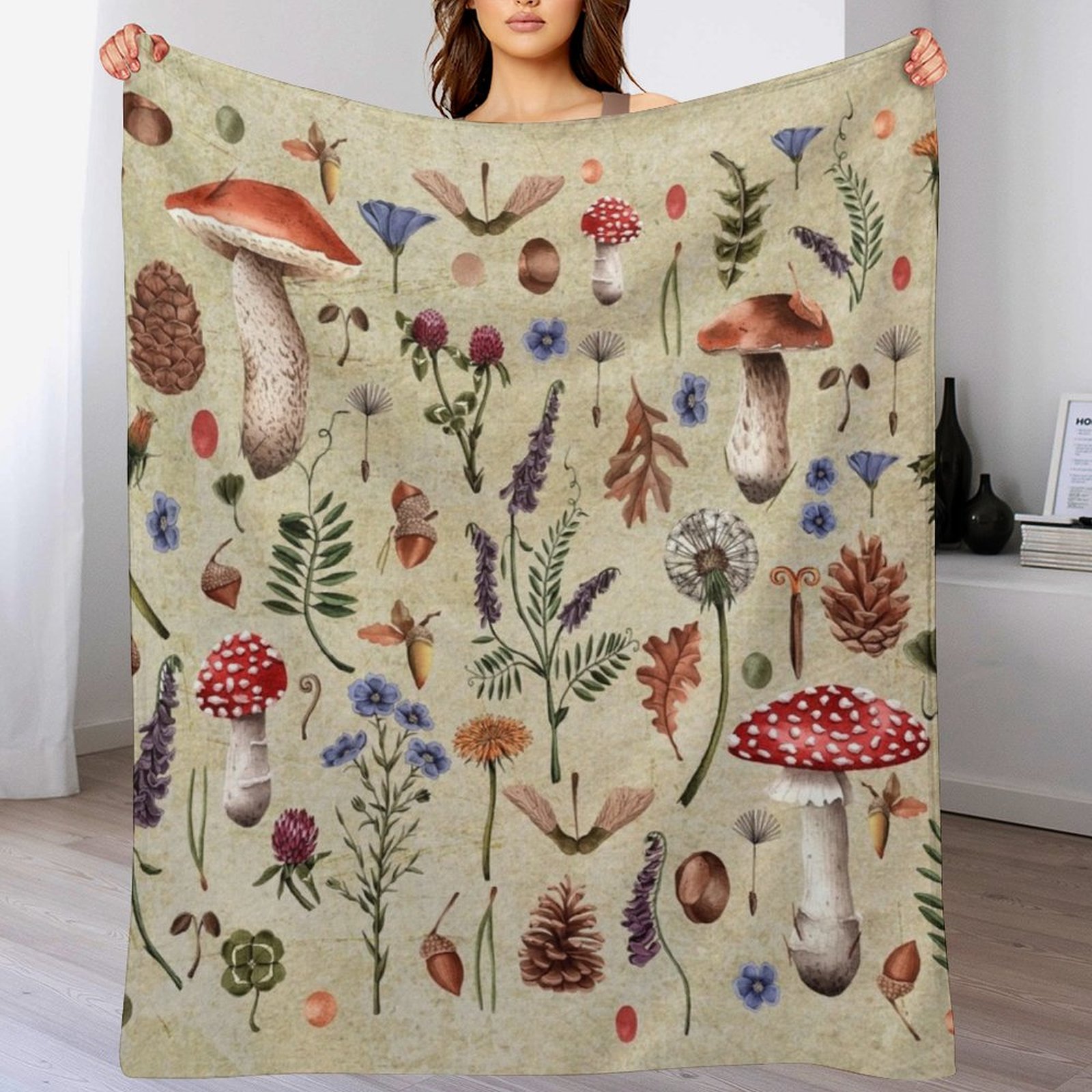Retro botanical mushrooms, wil - مراجعة Neutral Throw Blanket وسعره